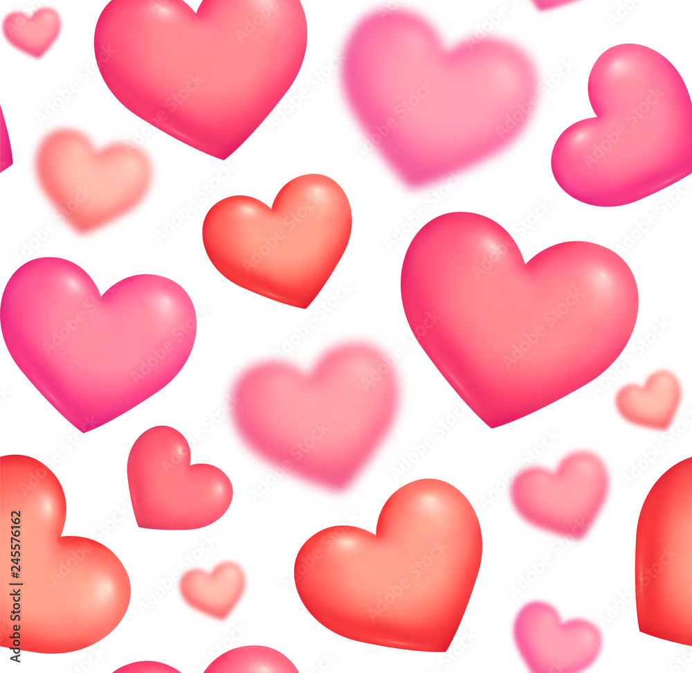 Bubble 3D style vector pink hearts on white background Valentines Day seamless pattern tile
