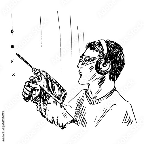 Man in protective glasses and headphones drills holes in the wall with a drill, hand drawn doodle, sketch, black and white vector illustration