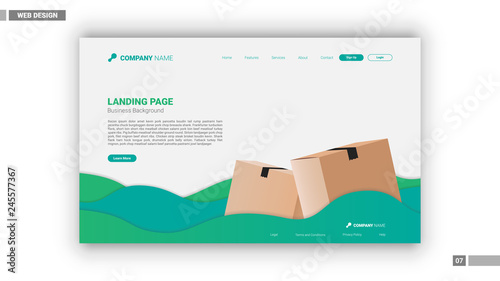 Web design mockup with blue and green shipping box background