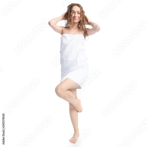 Beautiful woman in white towel beauty body care on white background isolation © Kabardins photo
