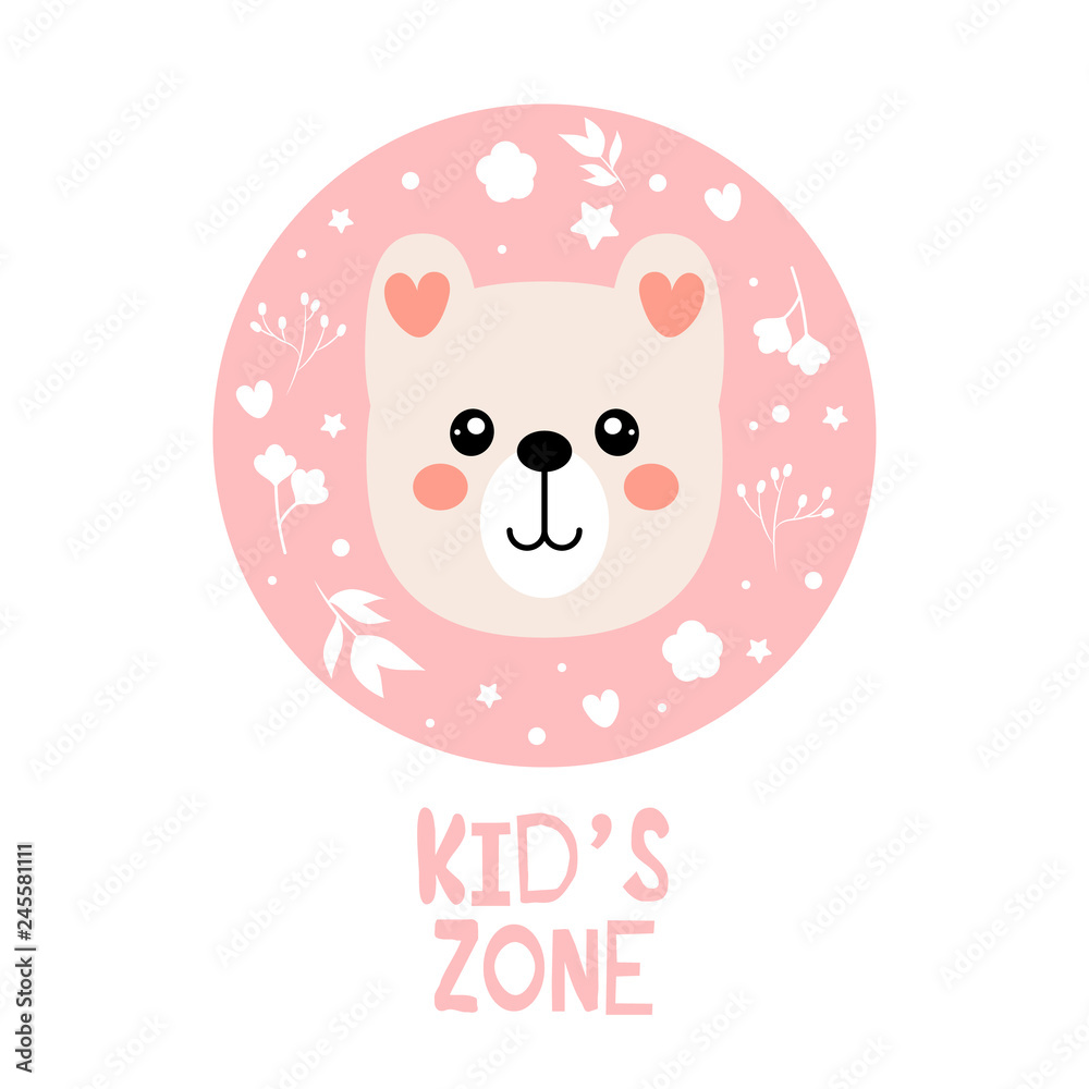 Bear cartoon vector print, floral elements Bear cartoon vector print, floral elements