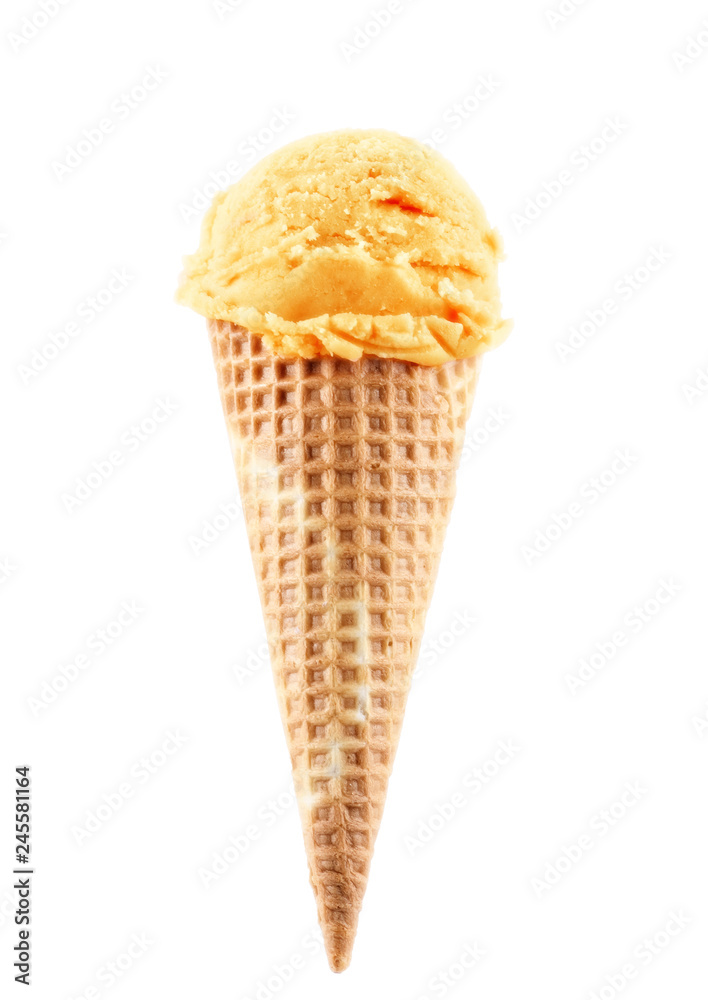 Mango ice cream scoop with cone isolated on white background Mango ice cream scoop with cone isolated on white background
