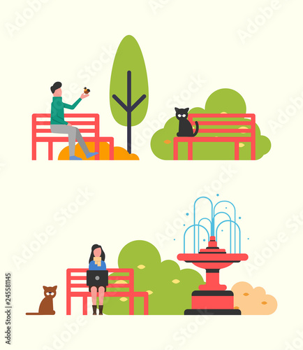 People sitting on bench in city park, autumn season. Vector man and bird, woman working with laptop, cat on wooden seat, fountain and trees, color bushes