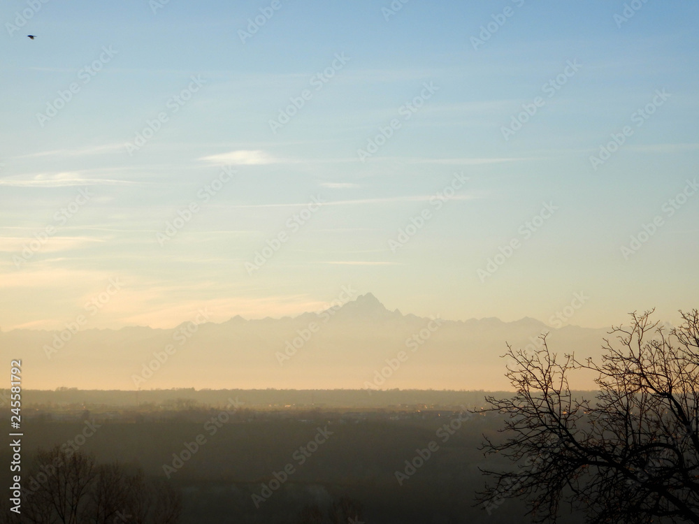 Fototapeta premium Langhe hills and Monviso during the winter , Piedmont - Italy