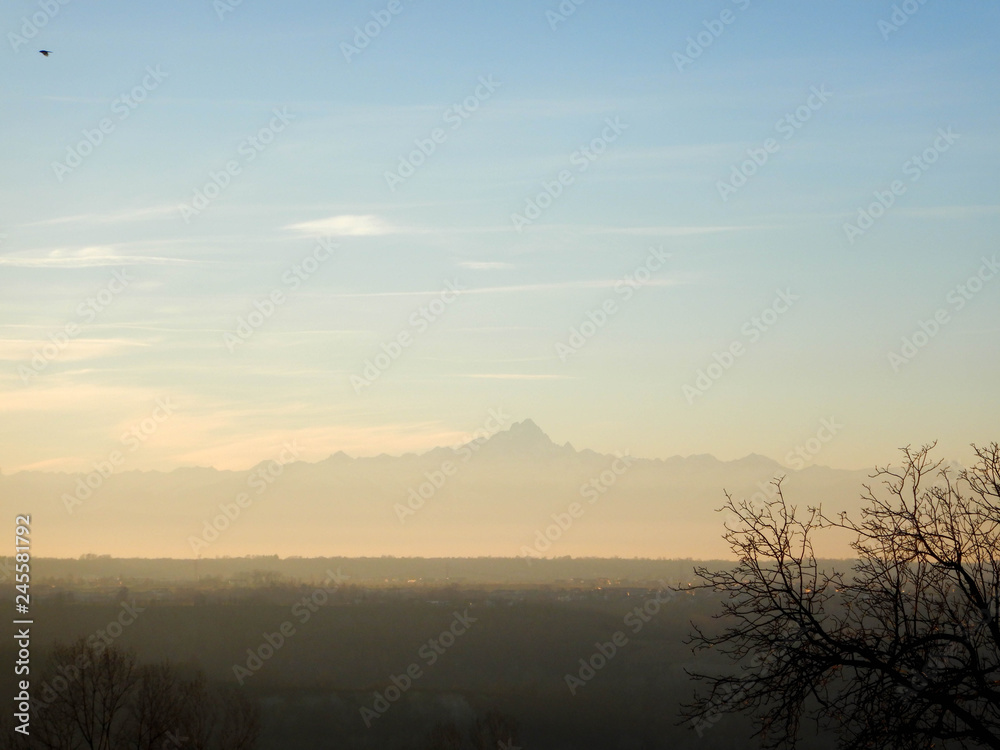 Langhe hills and Monviso during the winter , Piedmont - Italy