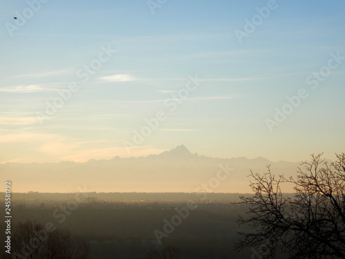 Langhe hills and Monviso during the winter , Piedmont - Italy