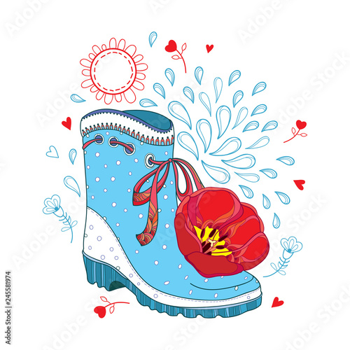 Vector outline red open tulip flower and blue rubber boot with ornate bow isolated on white background. Cute floral spring concept with ornate contour tulip and gumboot.