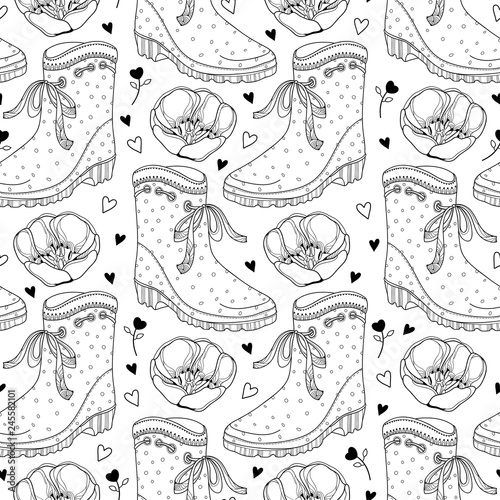 Vector seamless pattern with outline open tulip flowers, rubber boot and hearts in black on the white background. Ornate contour tulips and gumboot for springtime design and coloring book.
