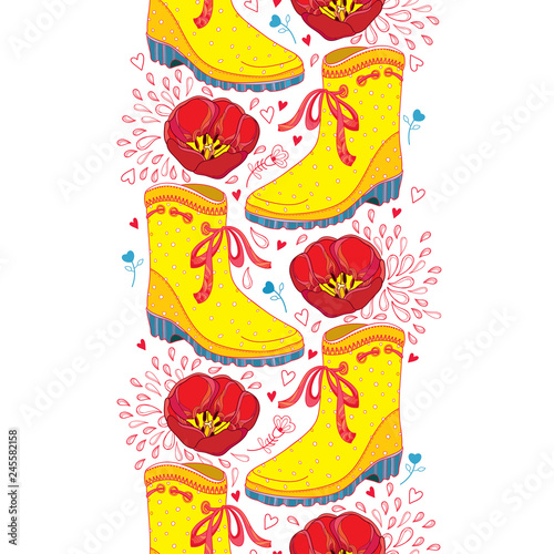 Vector vertical seamless pattern with outline red tulip flowers, yellow rubber boot and hearts on the white background. Ornate contour tulips and gumboot for springtime design.