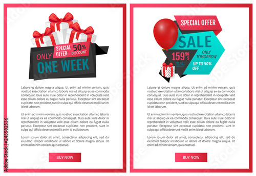 Balloons and ribbons with proposition of discounts, shop with reduced prices buy now items. Exclusive offer 50 percents buy now, web page template vector