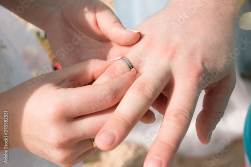 Newlyweds wear rings. Hands newlyweds.