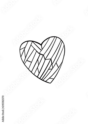 Heart filled with geometric shapes on a white background. Black and white, abstract, isolated element for your design.