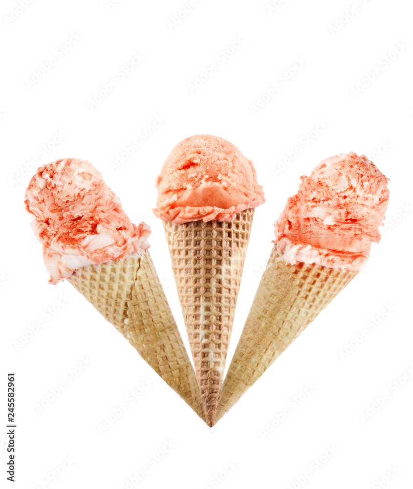 Peach ice cream scoop with cone isolated on white background Peach ice cream scoop with cone isolated on white background