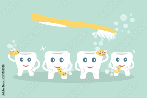 Humorous concept brushing teeth. Cute cartoon style teeth wash with yellow sponges,soap bubbles and mustard toothbrush on blue background. Ideal for advertising dental services. Vector illustration