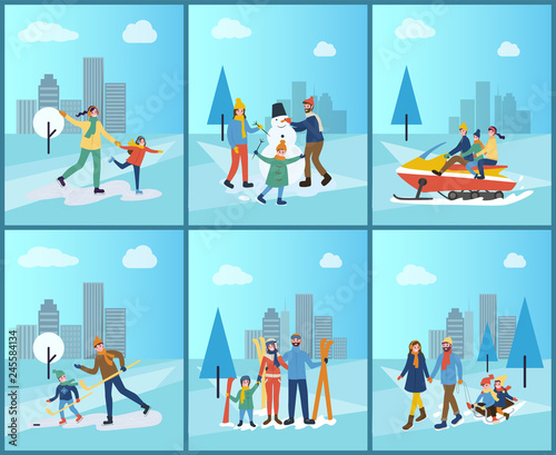 Family snowmobiling, skiing and building snowman vector. People on ice rink figure skating mother and daughter, father and son playing hockey game