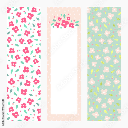 Printable bookmarks or banners with little flowers on pastel background. Floral template with place for notes for print, office, school. Vector illustration