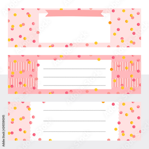Printable bookmarks with gold and pink watercolor dots. Template with place for notes for print, office, school. Vector illustration