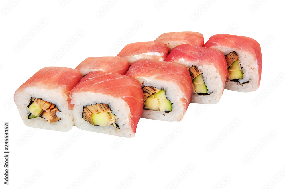 close up of sashimi sushi set, roll on white plate close up of sashimi sushi set, roll on white plate