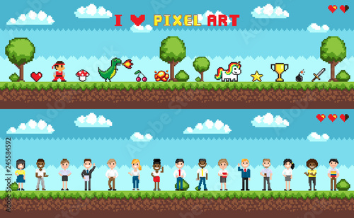 Set of character selection for playing game, man and women, things and symbols. Pixel art illustration on green landscape and cloudy sky with trees vector