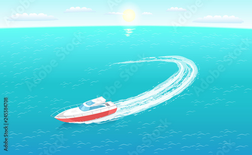Rescue emergency sailboat, coast guard transportation vehicle sailing in blue water vector illustration isolated. Guarding transport boat in deep ocean,