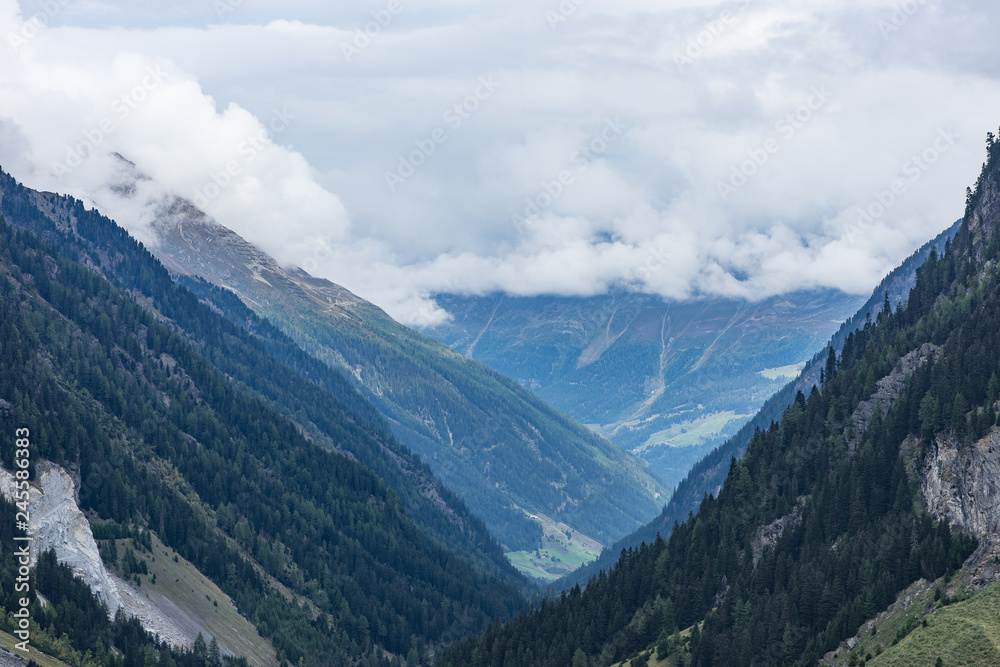 Obraz premium Mountains, peaks, lake, everlasting ice and trees landscape. Kaunertaler Gletscher natural environment. Hiking in the alps, Kaunertal, Tirol, Austria, Europe