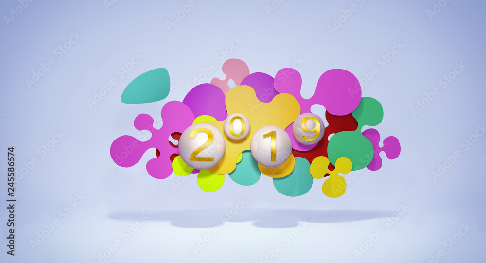 2019 New Year. Bright liquid dynamic liquid spheres and abstract balls or bubbles. Festive poster or billboard design. Party invitation. 3d image.