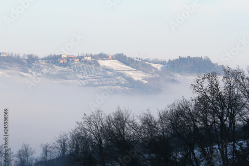 Fototapeta Naklejka Na Ścianę i Meble -  Winter landscape with snow and fog in the Tosco Emiliano Apennines, Bologna, Italy