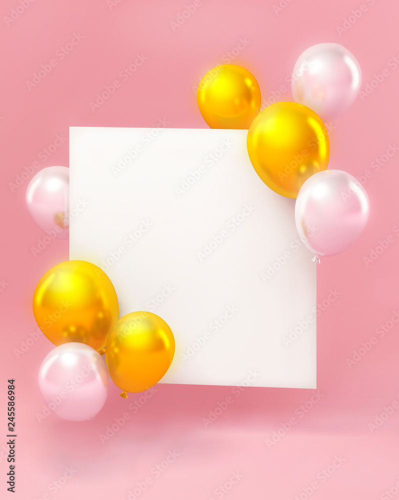 Naklejka Greeting card in 3d style with balloons on pink background.