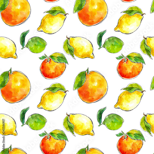 Fototapeta Naklejka Na Ścianę i Meble -  watercolor hand-drawn seamless pattern of citrus: lemon, Mandarin, lime, orange. Great for packaging juices, ice cream and other citrus fruit products
