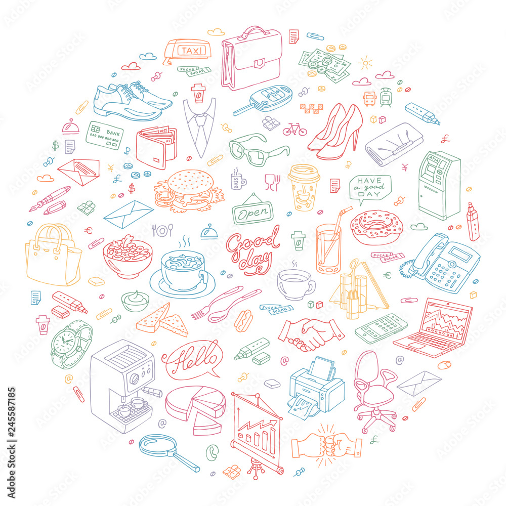 Vector doodle illustration of day in round shape. Sketch outline set with business symbols. Office handmade drawing icon.