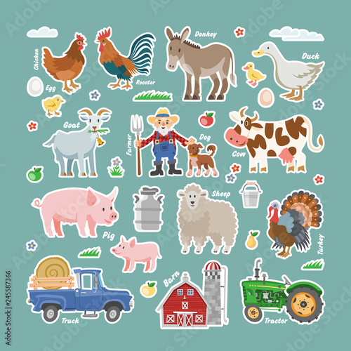 Fototapeta Naklejka Na Ścianę i Meble -  Vector collection color farm illustration with old farmer, dog, barn, cow, sheep, donkey, pig, chicken, rooster, duck, turkey, goat, truck and tractor. Big comic set of country and agriculture objects
