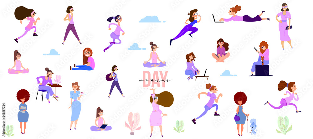 Crowd of tiny women active in the park. Flat design style vector graphic illustration various girls set.