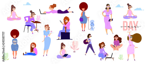 Crowd of tiny women active in the park. Flat design style vector graphic illustration various girls set.