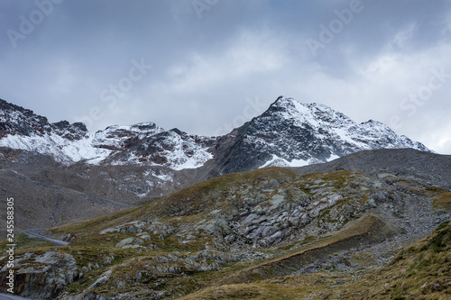 Mountains, peaks, lake, everlasting ice and trees landscape. Kaunertaler Gletscher natural environment. Hiking in the alps, Kaunertal, Tirol, Austria, Europe