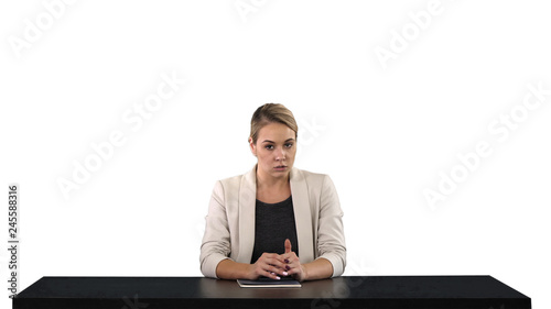 A female newsreader presenting the news, add your own text or image screen behind her, white background