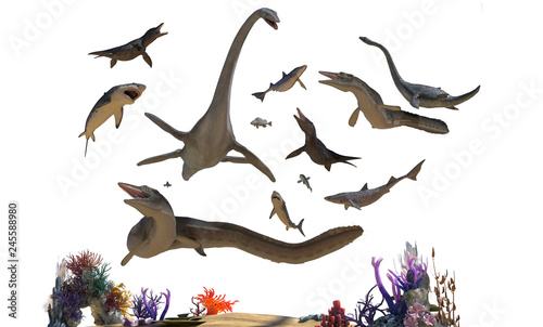 Платно different aquatic dinosaurs on a white background render 3d