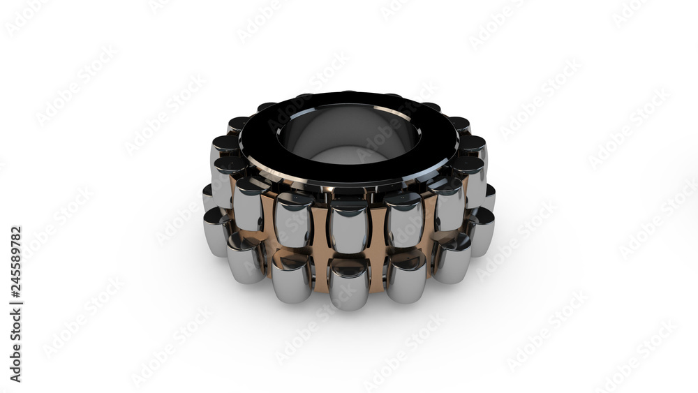 3D illustration of a series of bearings, with depth of field. The first bearing shows the internal structure. 3D rendering isolated on white background. 3D illustration of a series of bearings, with depth of field. The first bearing shows the internal structure. 3D rendering isolated on white background.