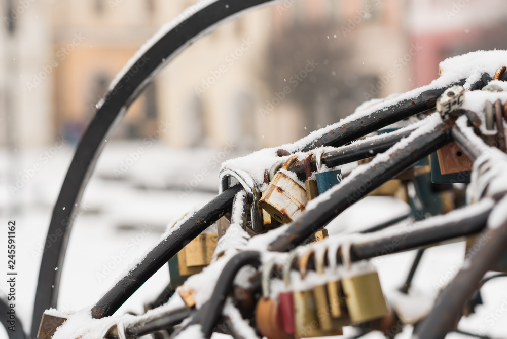 Love locks covered by snow during Valentine's day. Love locks covered by snow during Valentine's day.