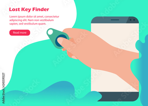 Woman hand with lost key finder - web page in flat style