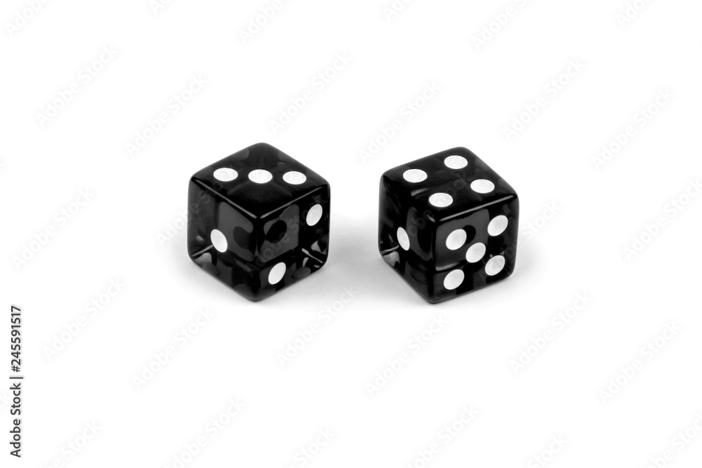 Two black glass dice isolated on white background. Three and four. Two black glass dice isolated on white background. Three and four.