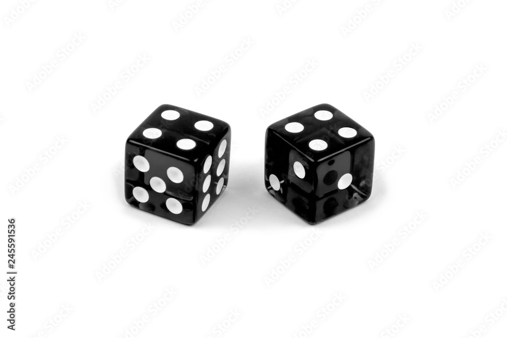Two black glass dice isolated on white background. Four and four. Two black glass dice isolated on white background. Four and four.