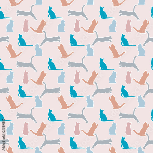 Seamless pattern with cats in different poses with white stroke