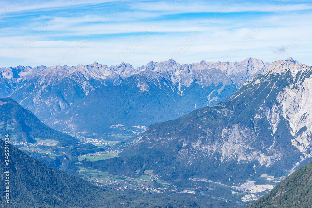 Mountains, peaks, lake, everlasting ice and trees landscape. Kaunertaler Gletscher natural environment. Hiking in the alps, Kaunertal, Tirol, Austria, Europe