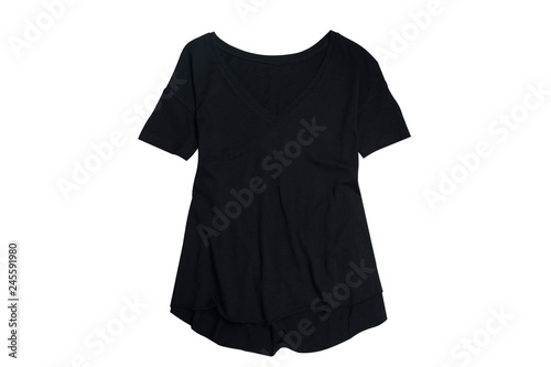 Female summer wardrobe. Black t-shirt. Top view. Isolate on white background