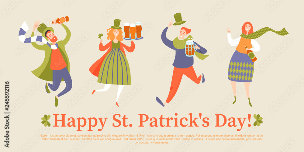 Saint Patrick’s Day vector greeting banner with happy people holding bottles and beer mugs