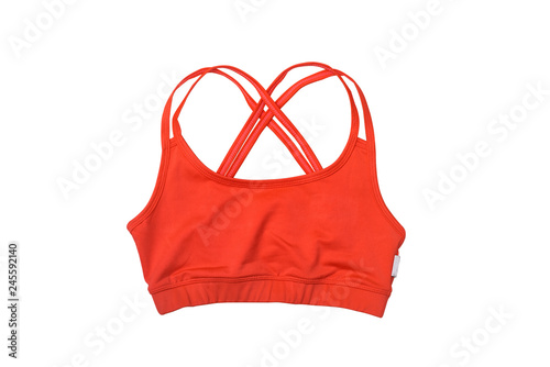 Orange top for sports flat lay. Fashion concept. Isolate on white background.