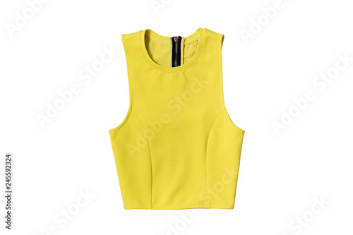 Fashionable concept. Yellow top flat lay. Isolate on white background