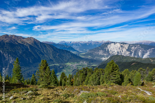 Mountains, peaks, lake, everlasting ice and trees landscape. Kaunertaler Gletscher natural environment. Hiking in the alps, Kaunertal, Tirol, Austria, Europe