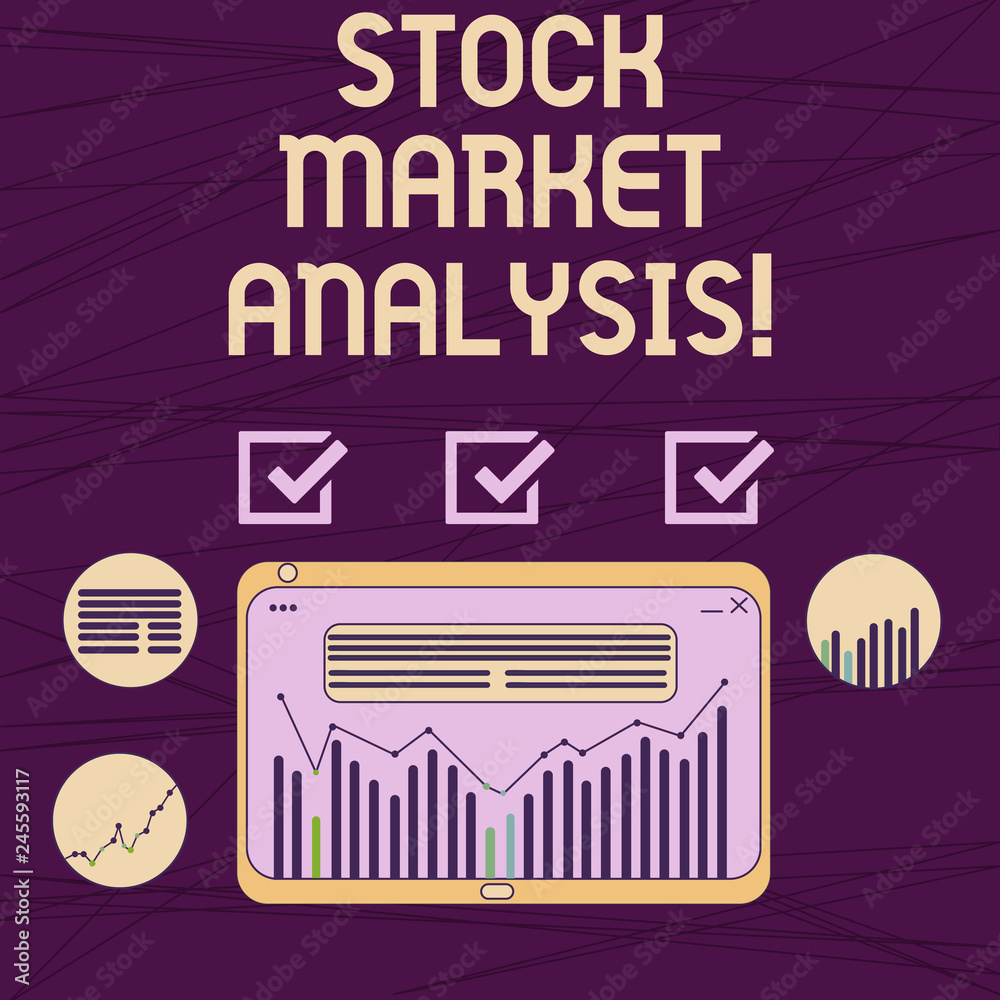 Fototapeta premium Conceptual hand writing showing Stock Market Analysis. Business photo showcasing Enables investors to know the worth before investing Digital Combination of Column Data Graphic Chart on Tablet