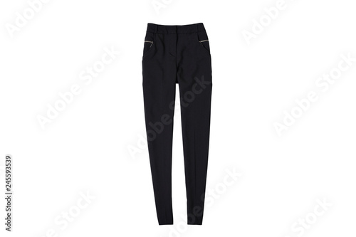 Black pants flat lay. Fashionable concept. Isolate on white background.